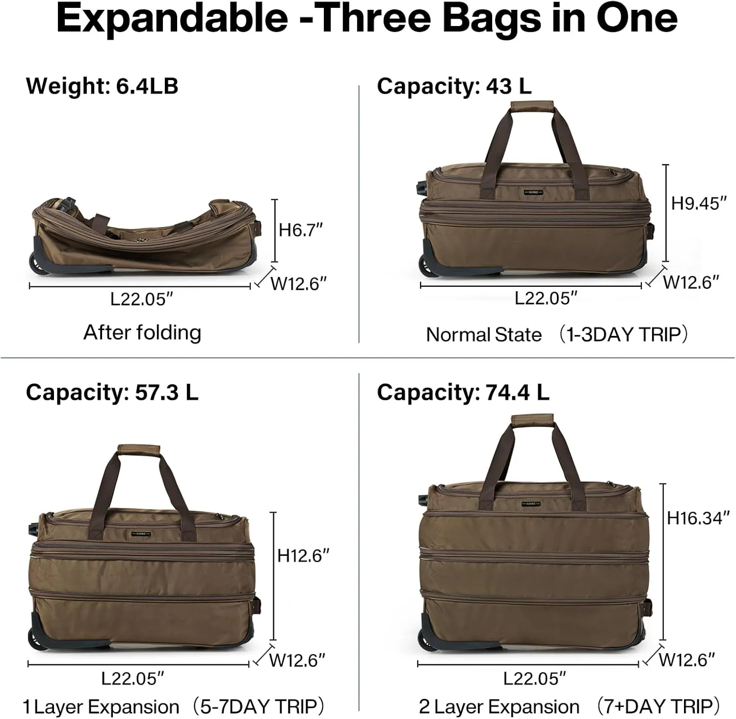 Hanke 20 Inch Expandable Carry On Luggage Suitcases with Wheels Foldable Duffle Bag for Travel Carry On suitcase Weekend Bag for Women Men（Coffee）