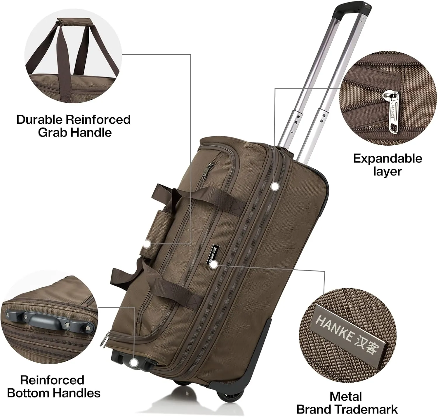 Hanke 20 Inch Expandable Carry On Luggage Suitcases with Wheels Foldable Duffle Bag for Travel Carry On suitcase Weekend Bag for Women Men（Coffee）