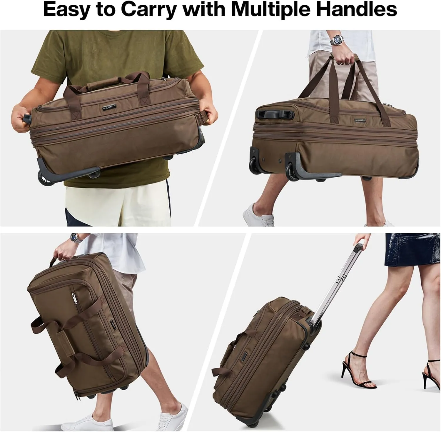 Hanke 20 Inch Expandable Carry On Luggage Suitcases with Wheels Foldable Duffle Bag for Travel Carry On suitcase Weekend Bag for Women Men（Coffee）