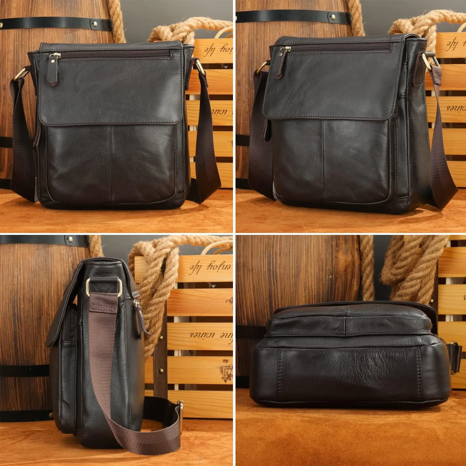 Hebetag Leather Shoulder Messenger Bag for Men Travel Business Crossbody Pack Wallet Phone Pouch Purse Pocket Daypack