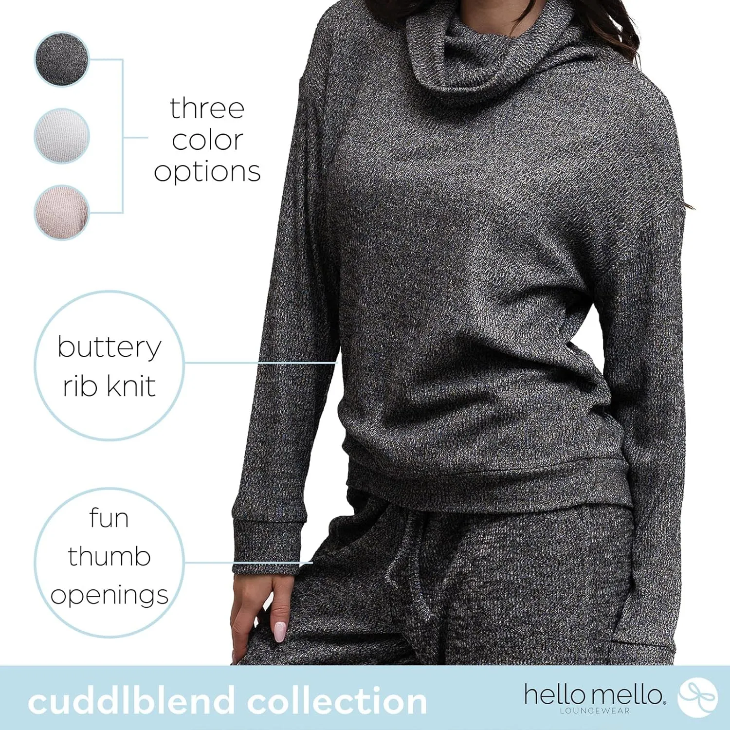 Hello Mello CuddleBlend Women’s Lounge Comfortable Pajama Long Sleeve Top with Cowl Neck and Thumbholes