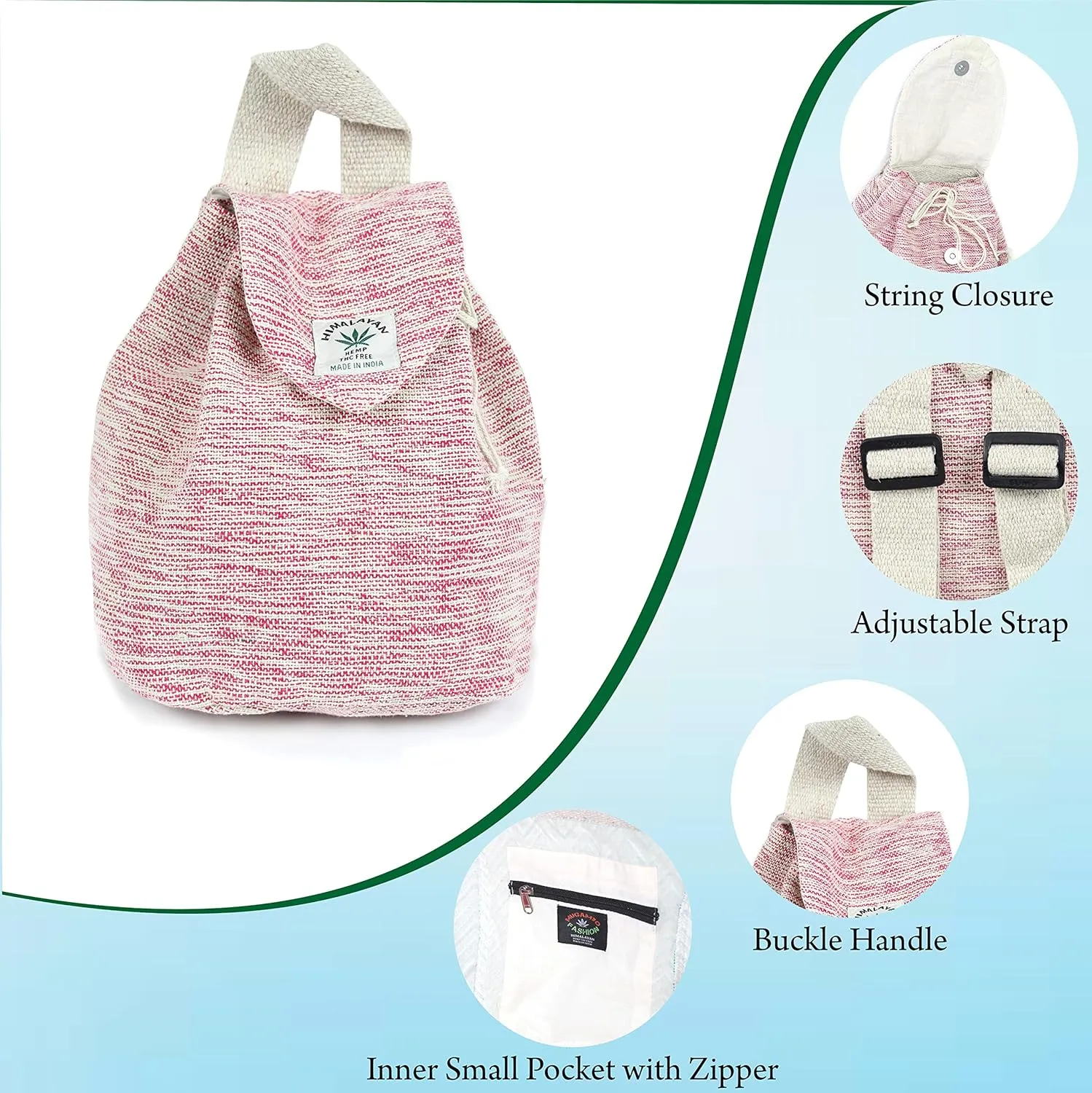 Hemp small bag for women Light Weight Adjustable strap string closure cute backpack Bag for travel casual daypack (Pink)