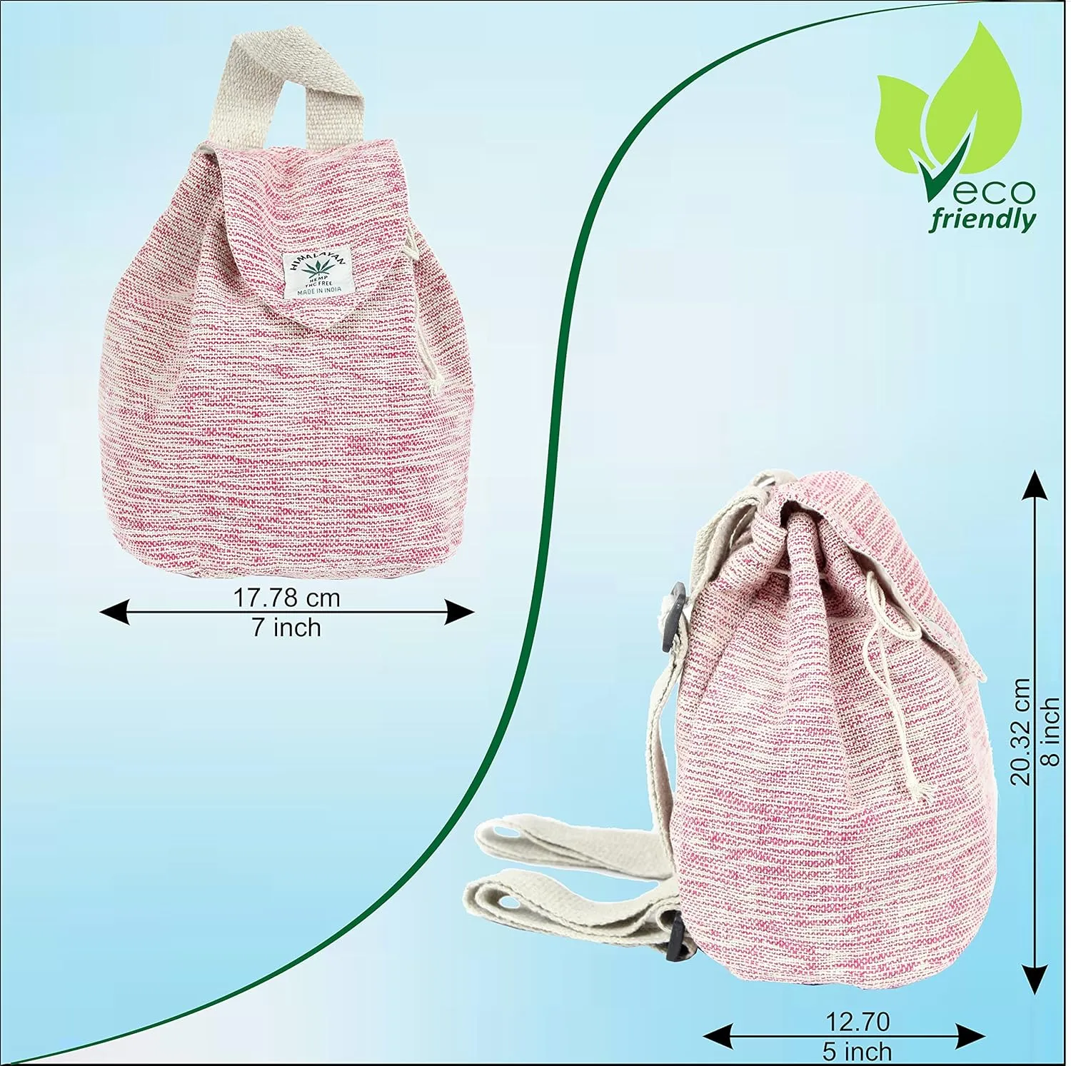 Hemp small bag for women Light Weight Adjustable strap string closure cute backpack Bag for travel casual daypack (Pink)