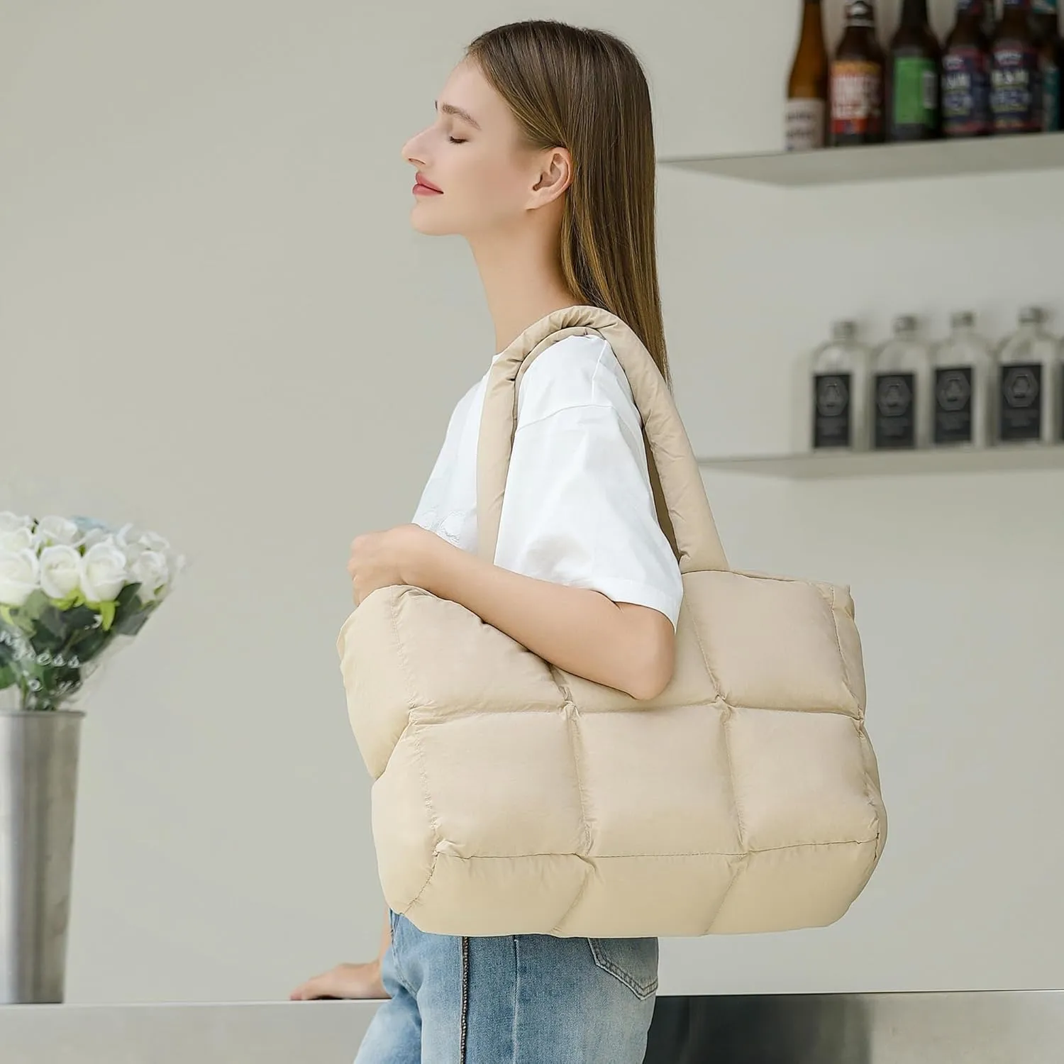 Herald Puffer Tote Bag for Women, Large Quilted Puffy Handbag Lightweight Satchel Purse for Work Travel Gym Shop