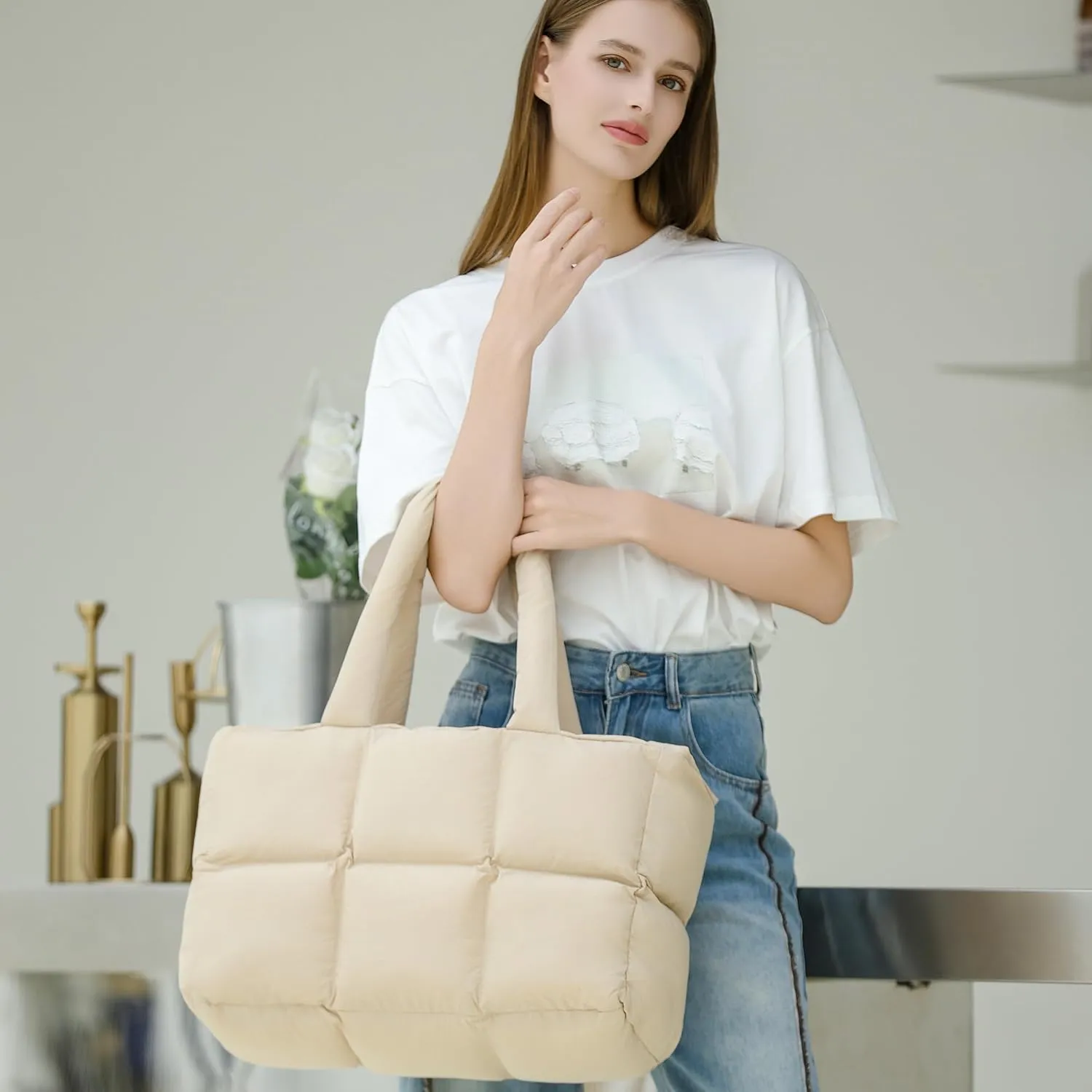 Herald Puffer Tote Bag for Women, Large Quilted Puffy Handbag Lightweight Satchel Purse for Work Travel Gym Shop