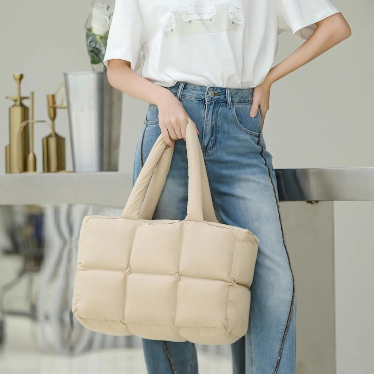Herald Puffer Tote Bag for Women, Large Quilted Puffy Handbag Lightweight Satchel Purse for Work Travel Gym Shop