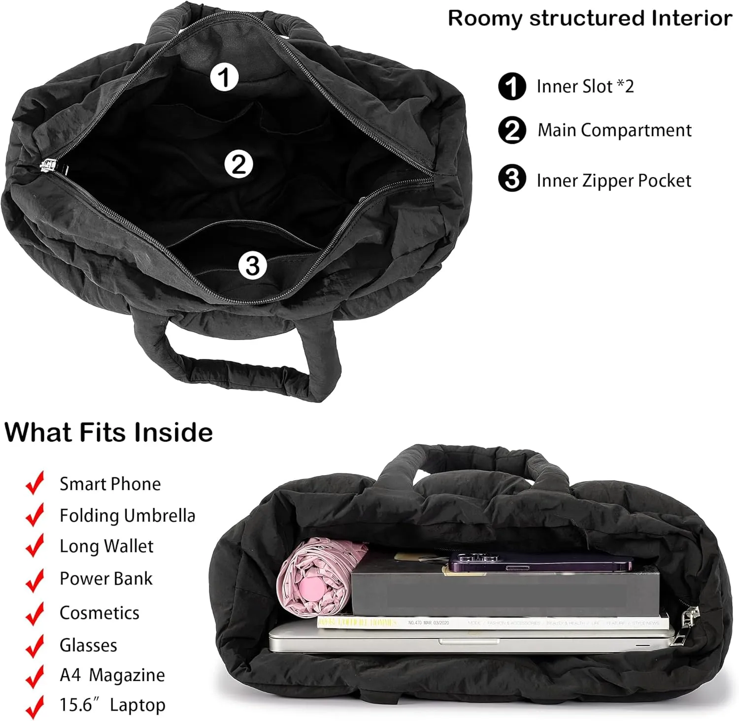 Herald Puffer Tote Bag for Women, Large Quilted Puffy Handbag Lightweight Satchel Purse for Work Travel Gym Shop
