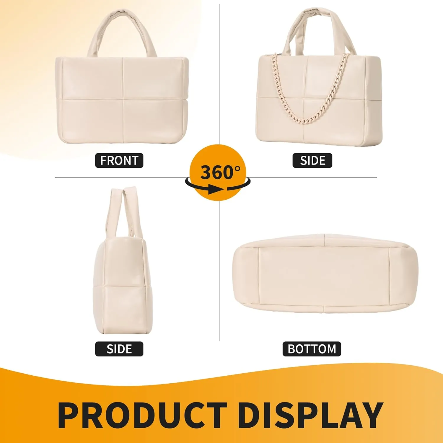 Herald Puffer Tote Bag for Women, Soft PU Leather Puffy Quilted Shoulder Crossbody Purse with Adjustable Strap & Chain