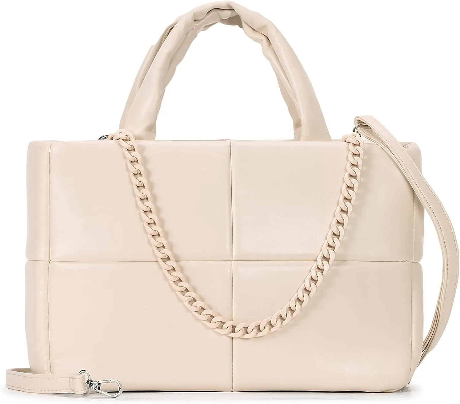 Herald Puffer Tote Bag for Women, Soft PU Leather Puffy Quilted Shoulder Crossbody Purse with Adjustable Strap & Chain