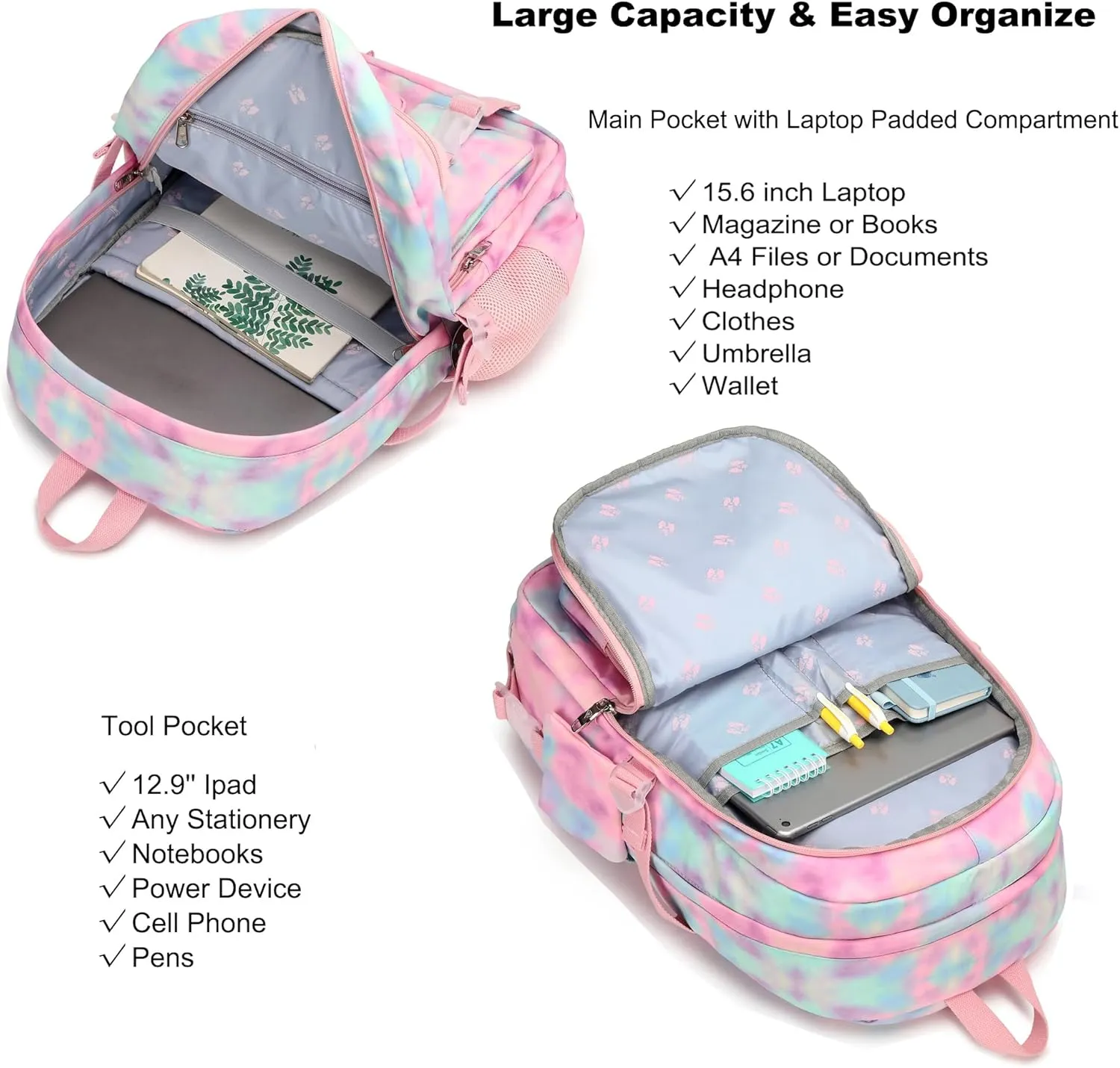 Hidds Laptop Backpacks 16 Inch School Bag College Backpack Anti Theft Travel Casual Daypack Bags Cute Bookbags Large Colorfull Carry on Back Pack for Teens Girls Women Students (Tie-Dye Pink)