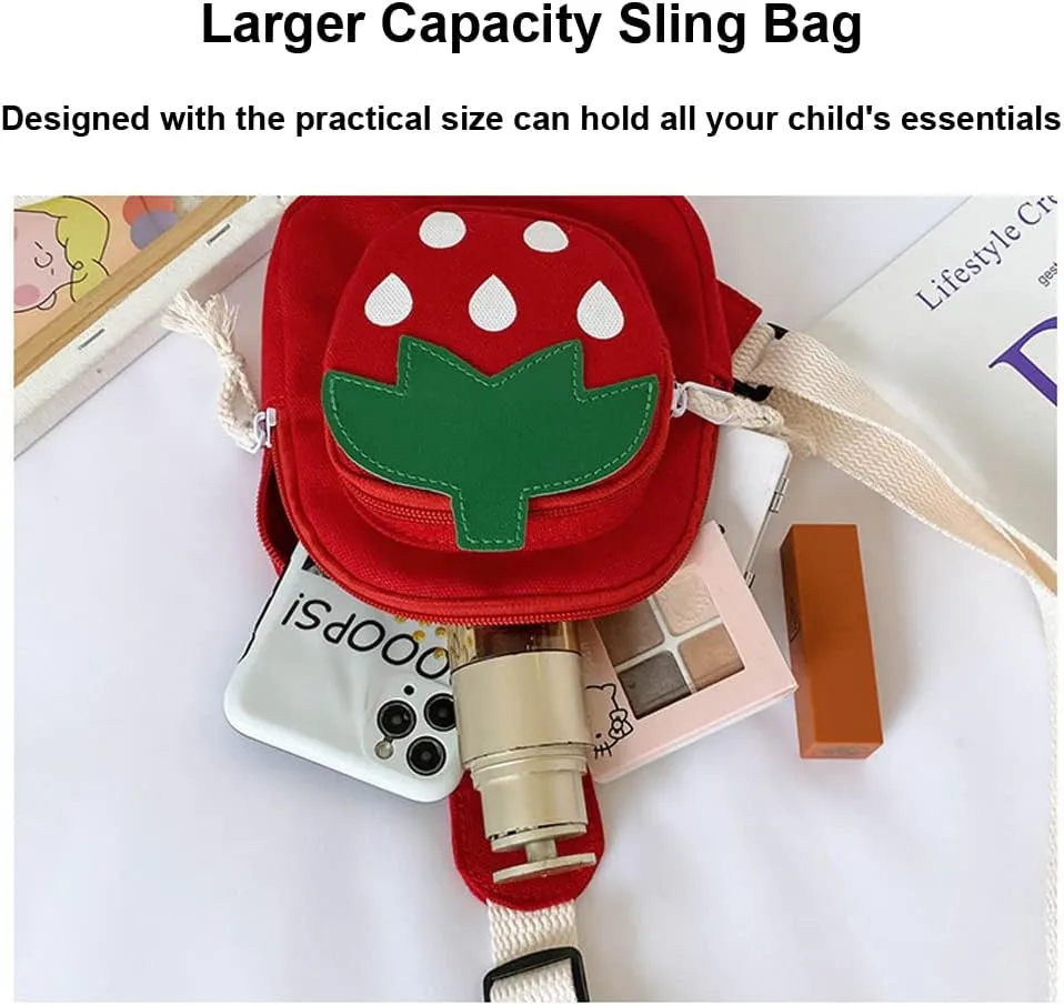 Hiflyer Pink Strawberry Sling Backpack, Small Backpack for Girls, Kawaii Bag, Lightweight Canvas, Adjustable Shoulder Strap, Zipper, 8x5x2 inches