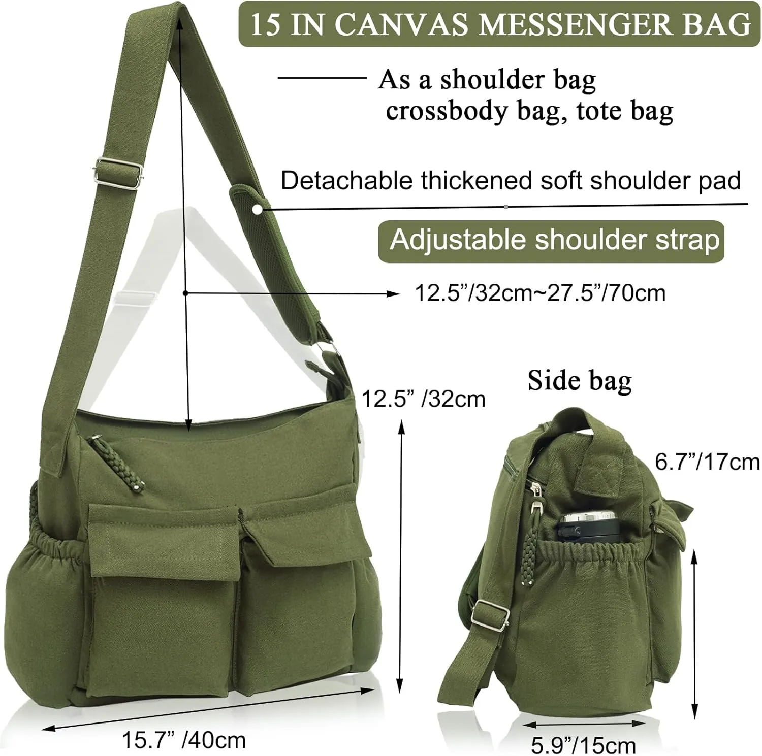 High Density Canvas Messenger Bag for Men/Women, 15” Large Crossbody Shoulder Bag Tote Bag for College/Travel/Work Daily Use