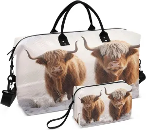 Highland Cow Travel Duffel Bag Large Capacity Weekender Bag with Toiletry Bag Detachable Shoulder Strap Travel Tote Bag for Women