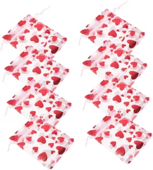 Hoement Unique Heart Organza Jewelry Pouches 100pcs Candy Bags Drawstring Treat Bags for Valentines Day Celebration