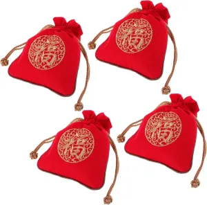 Homoyoyo Mini Drawstring Pouches 4pcs Fabric Jewelry Organizers Chinese Lucky Bag Embroidery Sturdy Burlap for Travel Home Office
