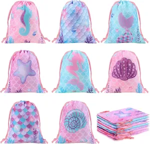 Honoson 24 Pieces Mermaid Party Favor Drawstring Gifts Bags Mermaid Birthday Party Goodie Candy Bags Under the Sea Theme Treat Pouch for Under the Sea Birthday Baby Shower Supplies