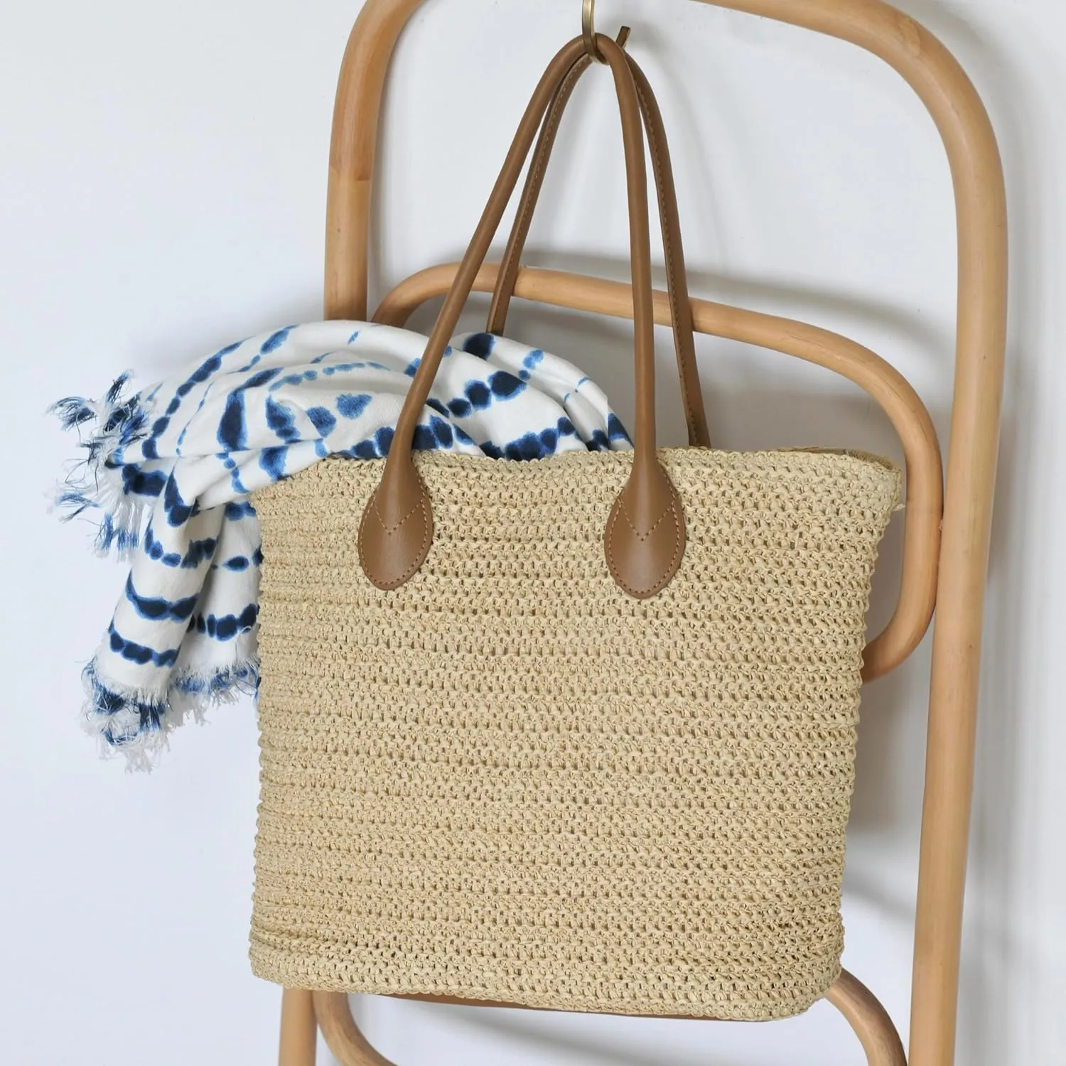 HOXIS Weekender Lightweight Synthetic Straw Shopper Tote Womens Shoulder Handbag