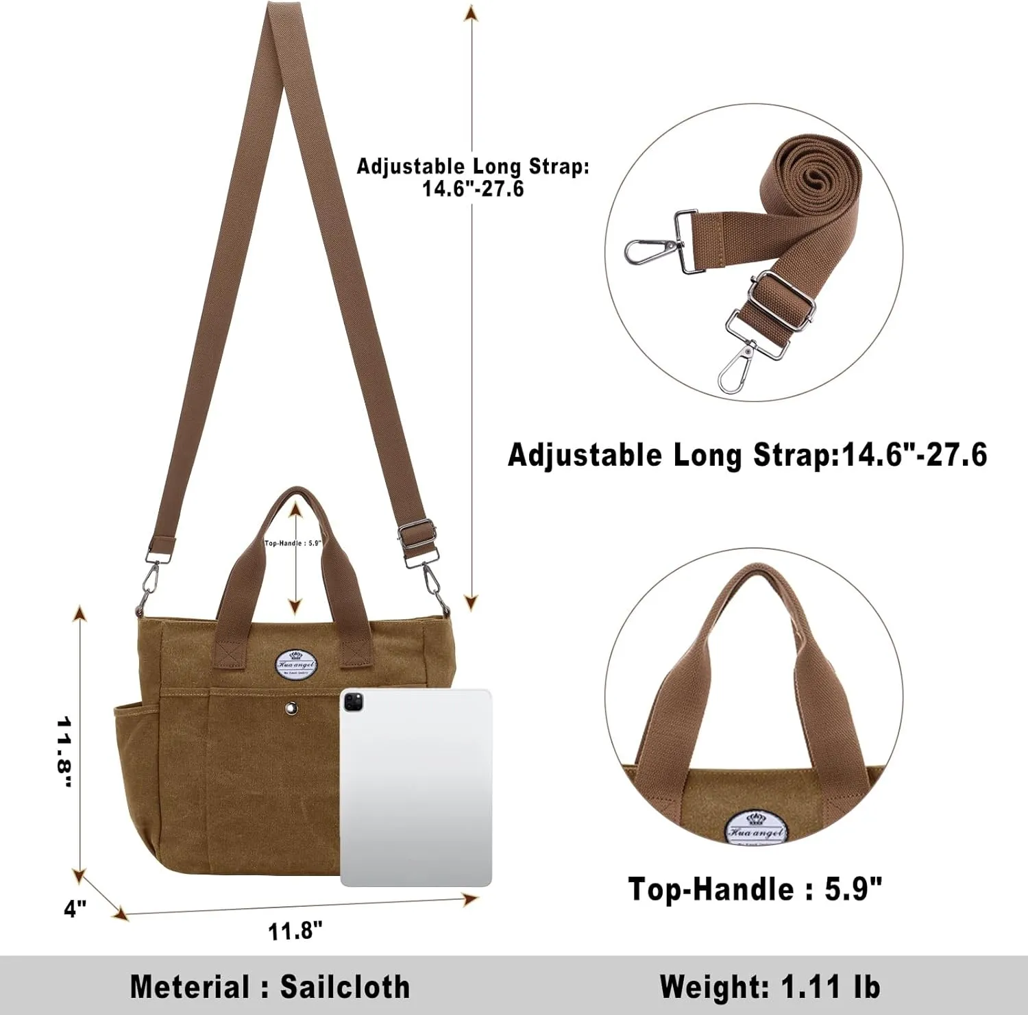 HUA ANGEL Canvas Everyday Tote Bags for Women Medium Crossbody Purses Handbags with Multiple Pockets for Work Travel Beach