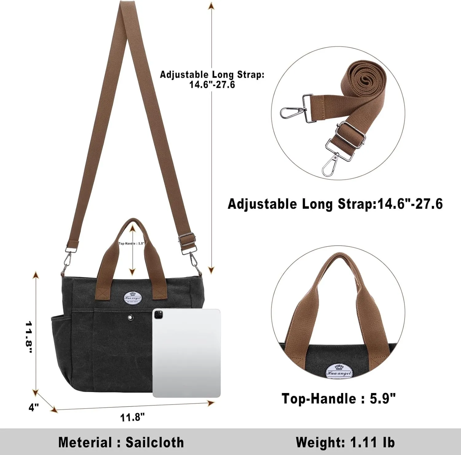 HUA ANGEL Canvas Everyday Tote Bags for Women Medium Crossbody Purses Handbags with Multiple Pockets for Work Travel Beach