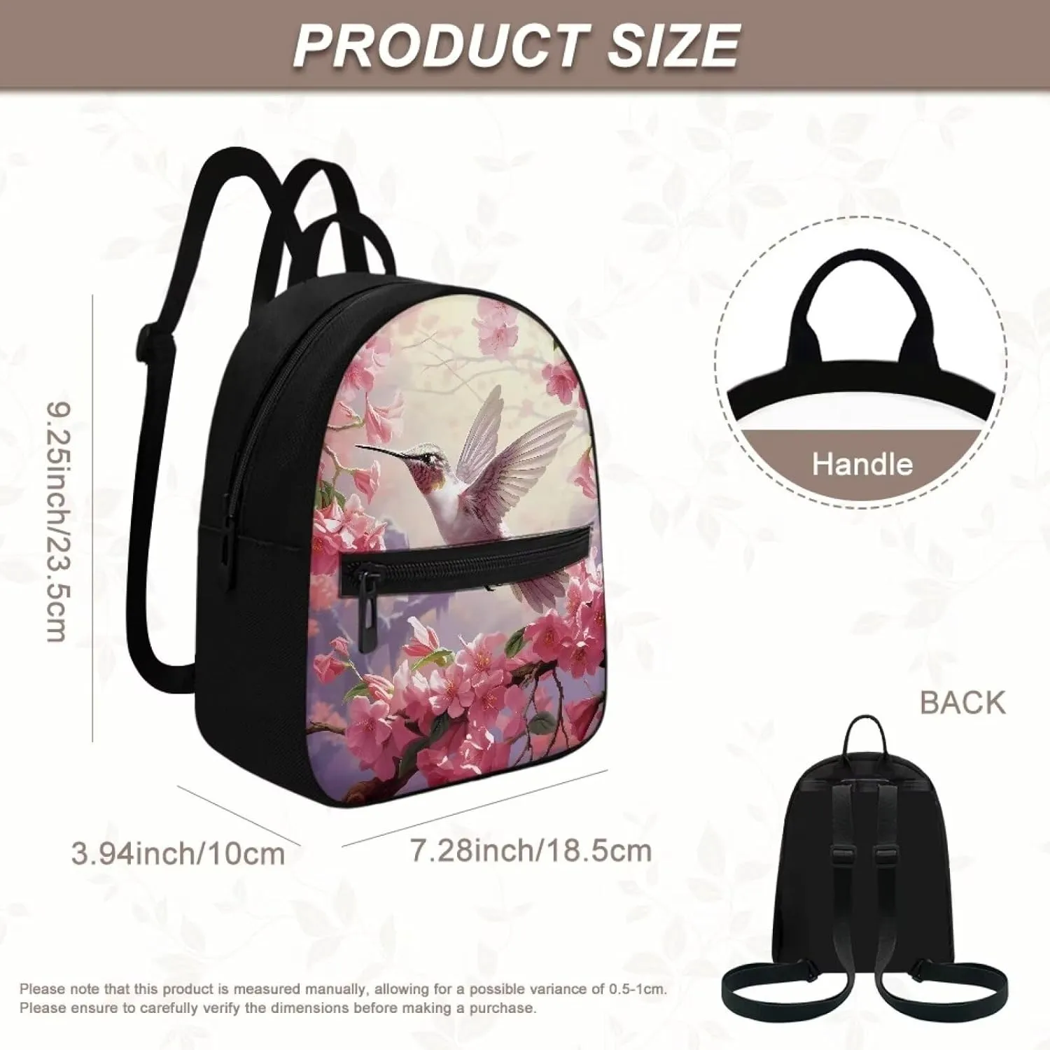 HUGS IDEA Cherry Blossom Hummingbird Backpack Purse for Women Mini Backpack for College Travel Shoulder Bag Small Cell Phone Backpack Mini Purse Casual Rucksack
