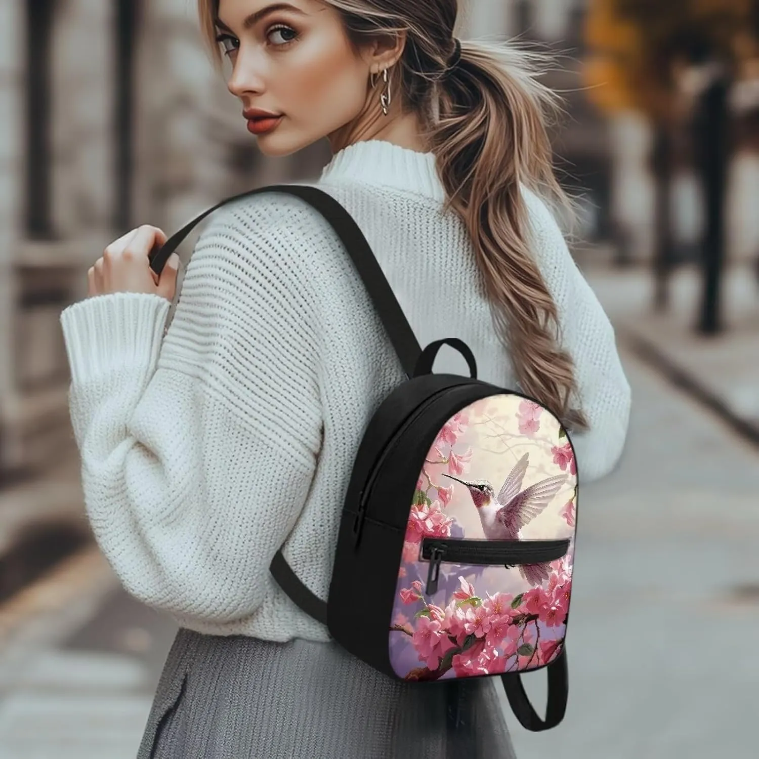 HUGS IDEA Cherry Blossom Hummingbird Backpack Purse for Women Mini Backpack for College Travel Shoulder Bag Small Cell Phone Backpack Mini Purse Casual Rucksack
