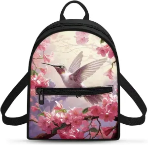 HUGS IDEA Cherry Blossom Hummingbird Backpack Purse for Women Mini Backpack for College Travel Shoulder Bag Small Cell Phone Backpack Mini Purse Casual Rucksack