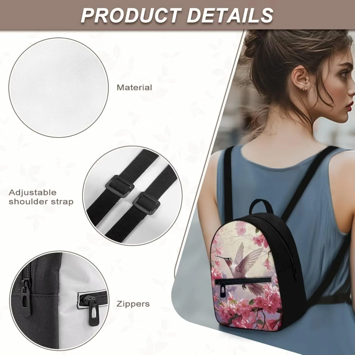 HUGS IDEA Cherry Blossom Hummingbird Backpack Purse for Women Mini Backpack for College Travel Shoulder Bag Small Cell Phone Backpack Mini Purse Casual Rucksack