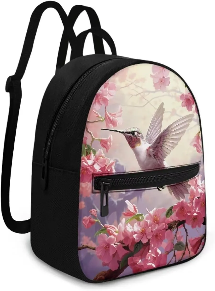 HUGS IDEA Cherry Blossom Hummingbird Backpack Purse for Women Mini Backpack for College Travel Shoulder Bag Small Cell Phone Backpack Mini Purse Casual Rucksack