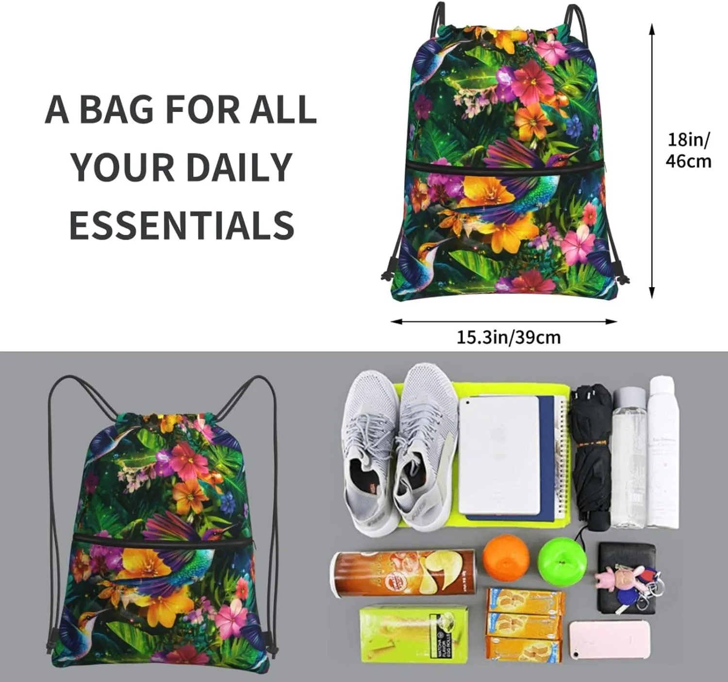 Hummingbird Drawstring Backpack Unisex Gym Bags Sport String Bag for Hiking Yoga Travel Swimming Beach 15 X 18 Inch