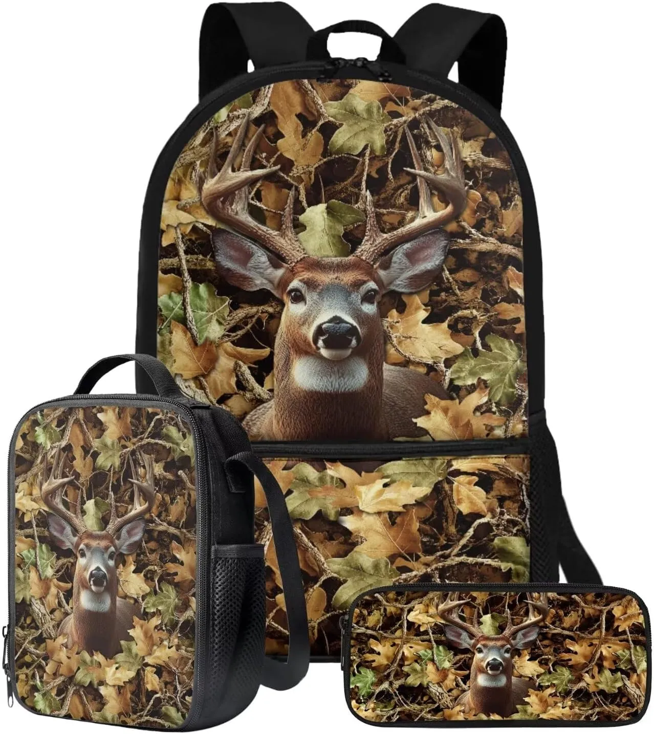 Hunting Forest Elk Print Kids Backpack with Small Lunch Tote Bag & Pencil Case Zipper Closure Girls Boys Teens Shoulder Bookbag Rucksacks with Zipper Pocket, Set of 3