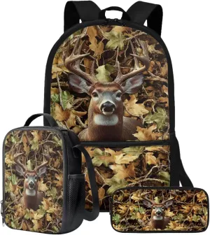 Hunting Forest Elk Print Kids Backpack with Small Lunch Tote Bag & Pencil Case Zipper Closure Girls Boys Teens Shoulder Bookbag Rucksacks with Zipper Pocket, Set of 3