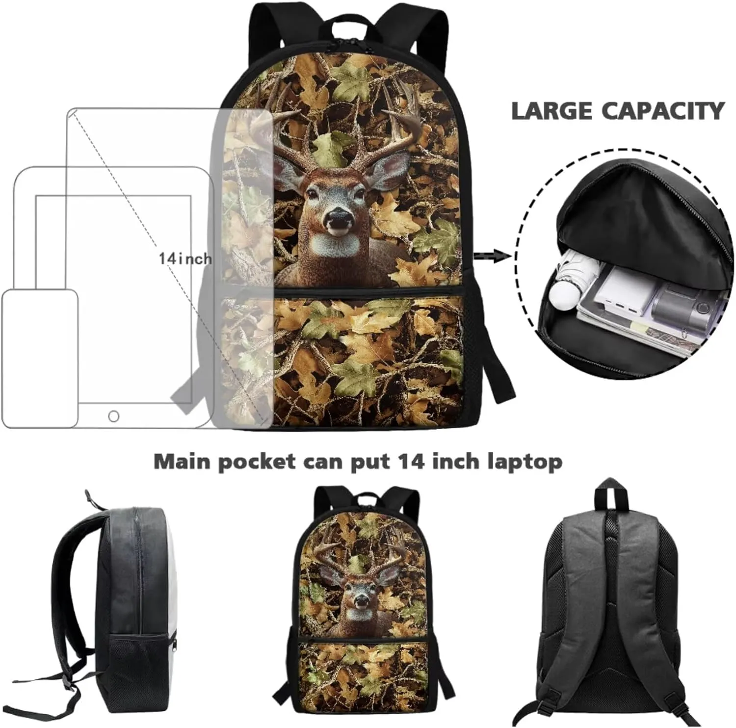 Hunting Forest Elk Print Kids Backpack with Small Lunch Tote Bag & Pencil Case Zipper Closure Girls Boys Teens Shoulder Bookbag Rucksacks with Zipper Pocket, Set of 3
