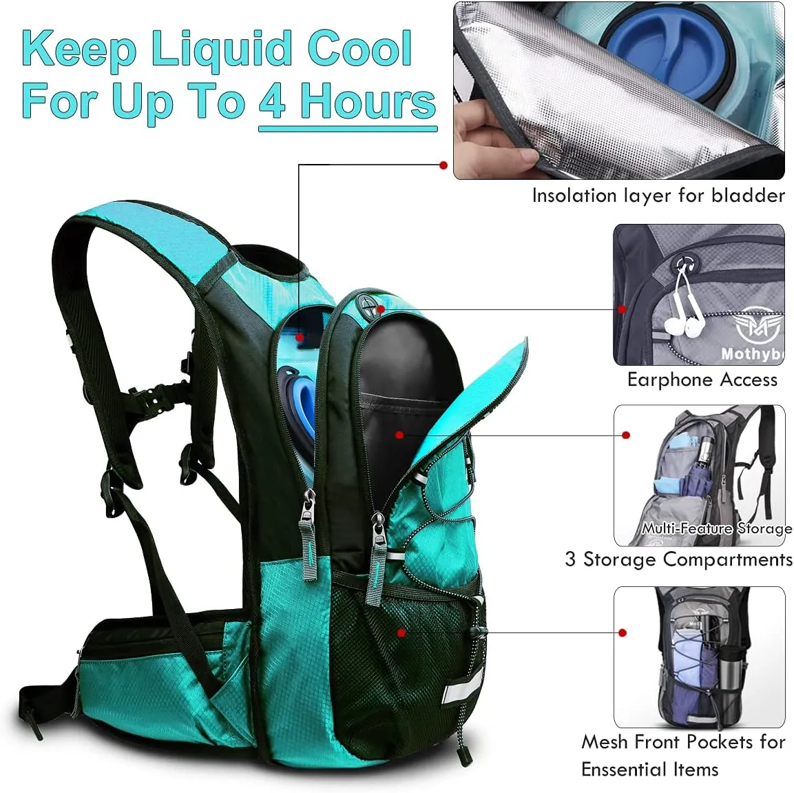 Hydration Pack, Insulated Hydration Backpack with 2L BPA Free Water Bladder and Storage, Hiking Backpack for Men, Women, Kids for Running, Cycling, Camping - Keep Liquid Cool up to 5 Hours