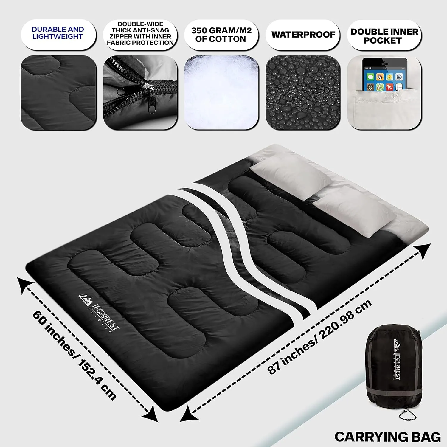 IFORREST Double Sleeping Bag for Adults - 2 Person Cold Weather(3-4 Seasons) Camping Bed, Extra-Wide & Warm - Queen Size XL