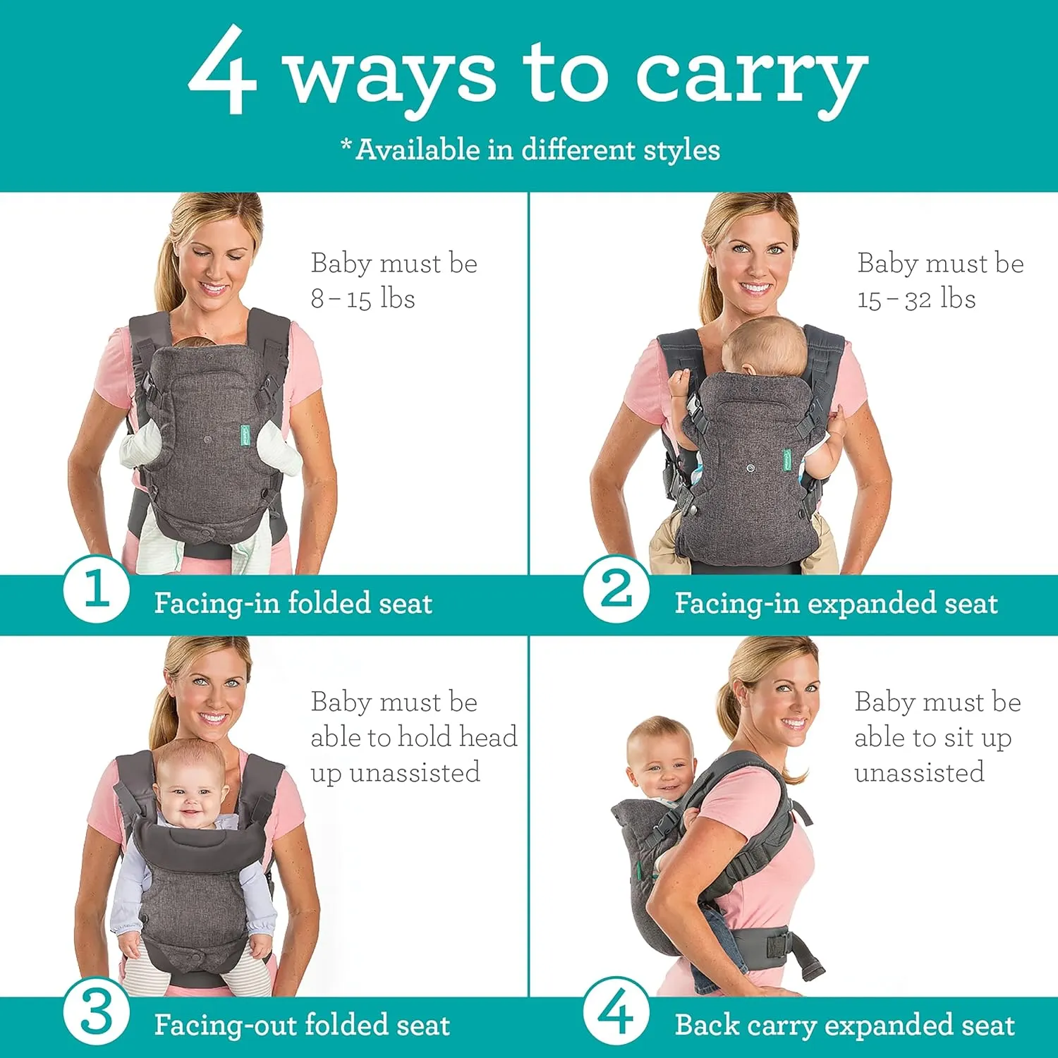 Infantino Flip Advanced 4-in-1 Baby Carrier - Ergonomic, Convertible, Face-in and Face-Out Front and Back Baby Carrier for Newborn to Toddler 8-32 lbs, Gray