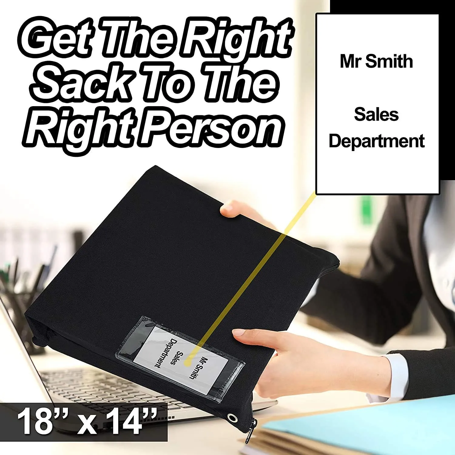 Interoffice Mailer Transit Sack – Extra Large & Durable – Black Canvas Zipper Bank Bag with ID Window (18" x 14", 3 Bags)