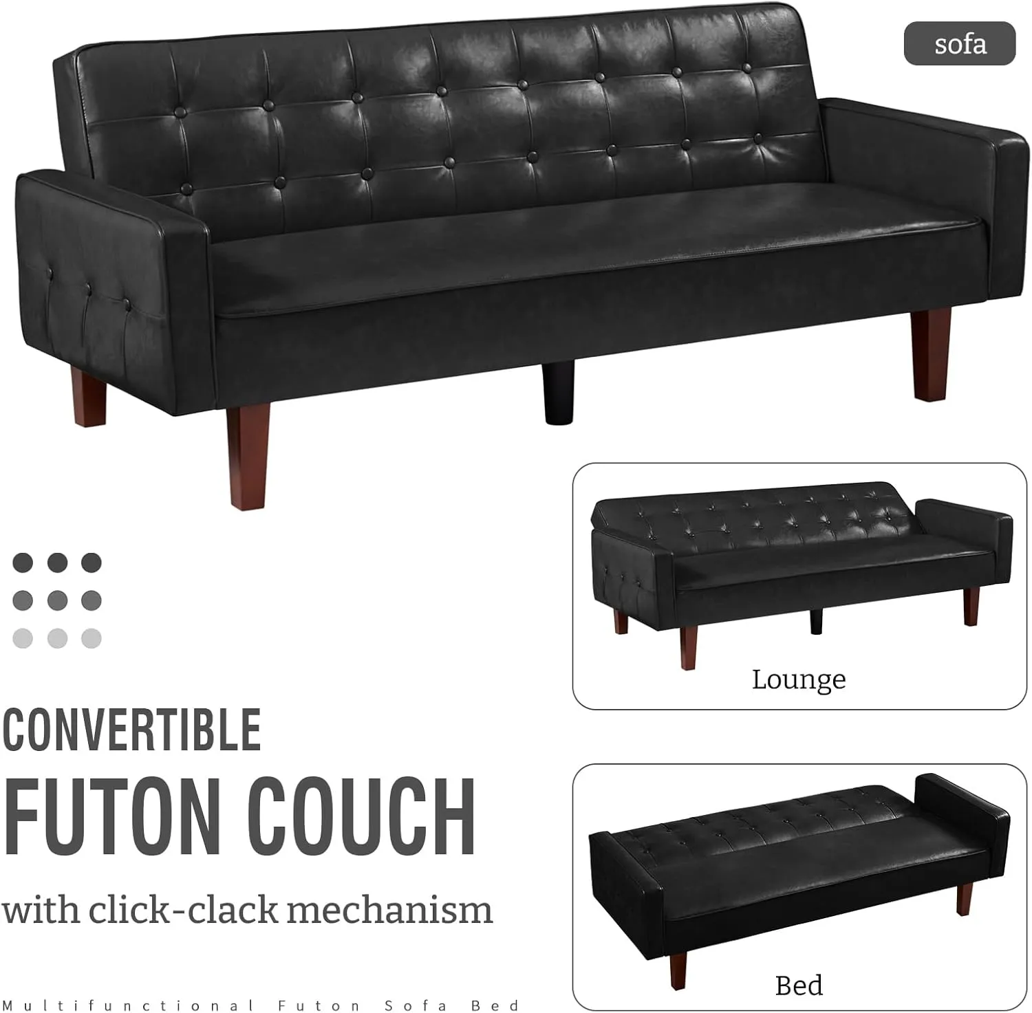 IULULU Futon Sofa Bed, Modern Convertible Faux Leather Sleeper Couch with Armrests for Studio, Office, Apartment, Compact Living, Game Room, Overnight Guests, Retro Black
