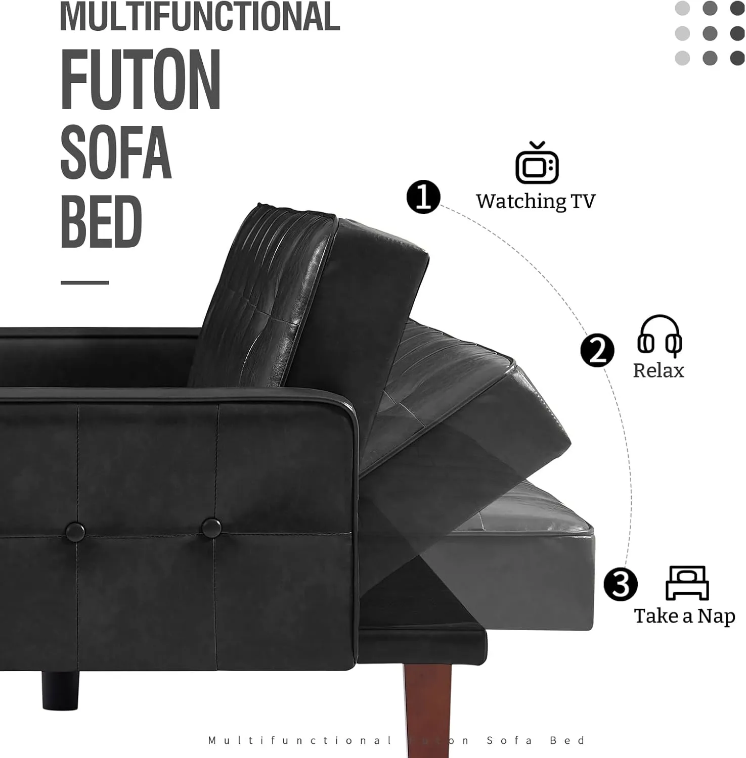 IULULU Futon Sofa Bed, Modern Convertible Faux Leather Sleeper Couch with Armrests for Studio, Office, Apartment, Compact Living, Game Room, Overnight Guests, Retro Black