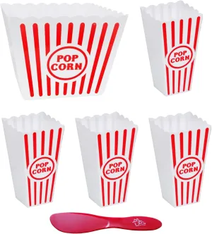 Ja'cor Reusable Popcorn Containers Pack of 5-1 Tubs 4 Buckets- Red White Striped Plastic Vintage Small & Large Classic Bowl for Movie Night Food Snacks Home Party Bundle with 1 Spatula