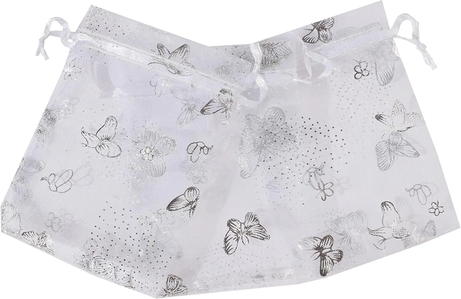 J&Rey Home 100 Pcs Butterfly Organza Jewelry Gift Pouch Candy Pouch Drawstring Wedding Favor Bags（5x7 Inch, White-Silver）