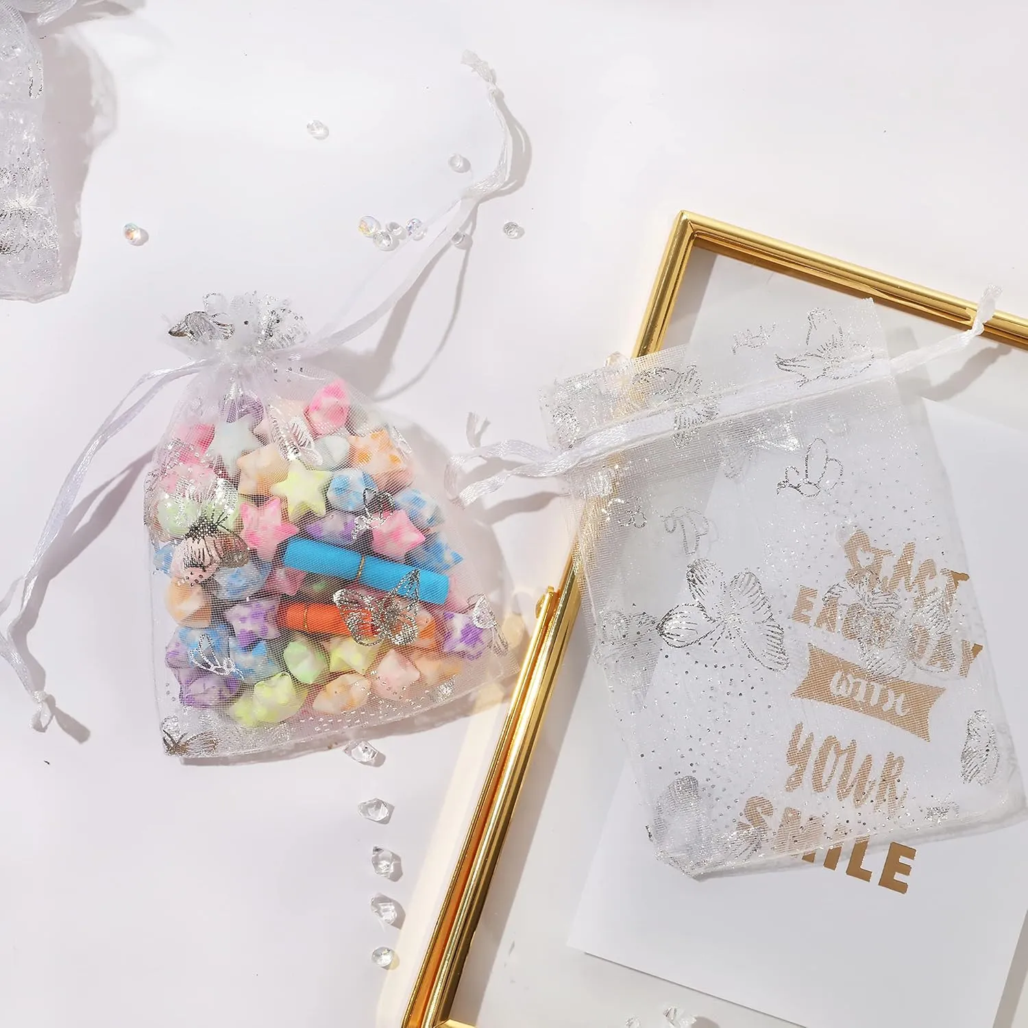J&Rey Home 100 Pcs Butterfly Organza Jewelry Gift Pouch Candy Pouch Drawstring Wedding Favor Bags（5x7 Inch, White-Silver）