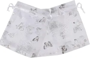 J&Rey Home 100 Pcs Butterfly Organza Jewelry Gift Pouch Candy Pouch Drawstring Wedding Favor Bags（5x7 Inch, White-Silver）