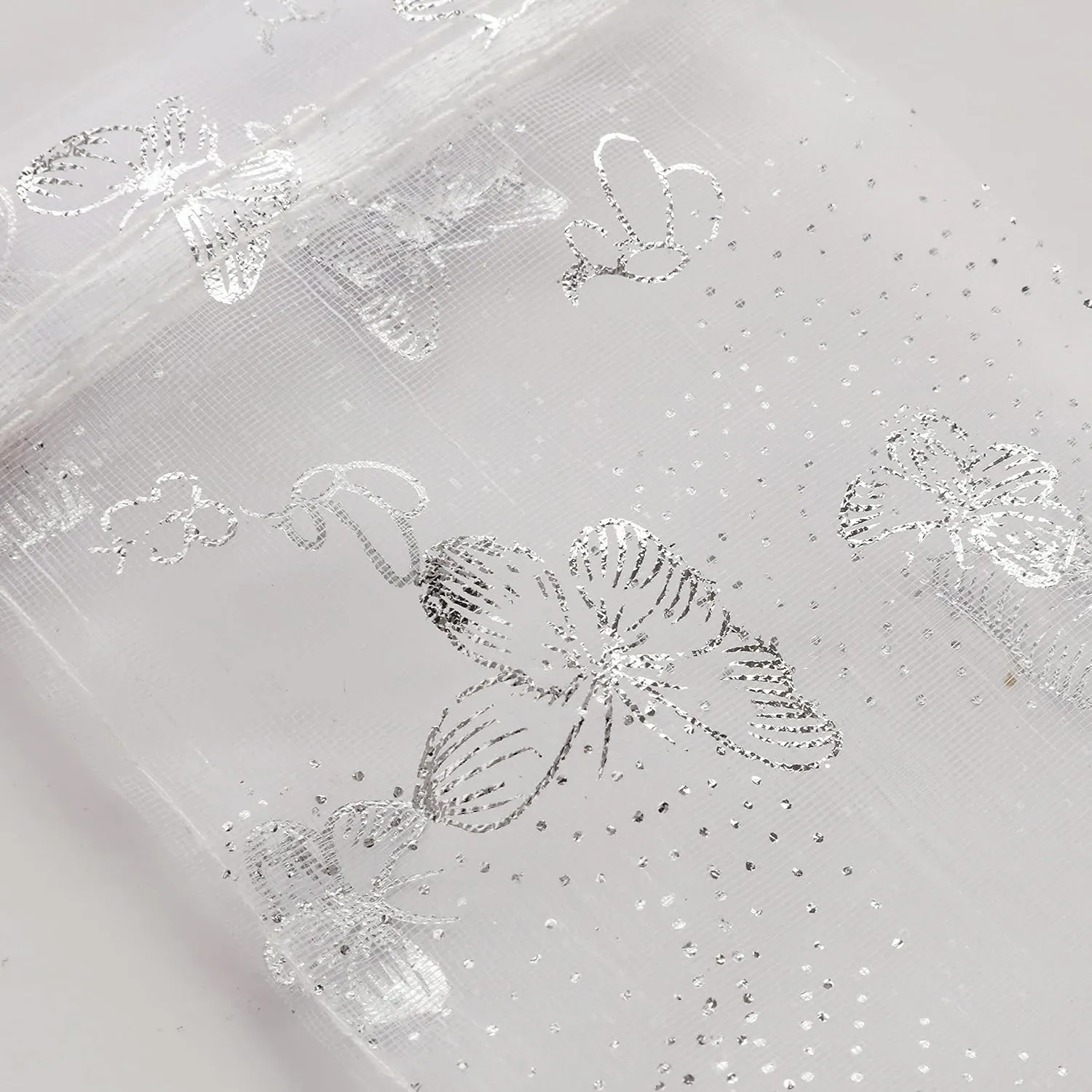 J&Rey Home 100 Pcs Butterfly Organza Jewelry Gift Pouch Candy Pouch Drawstring Wedding Favor Bags（5x7 Inch, White-Silver）