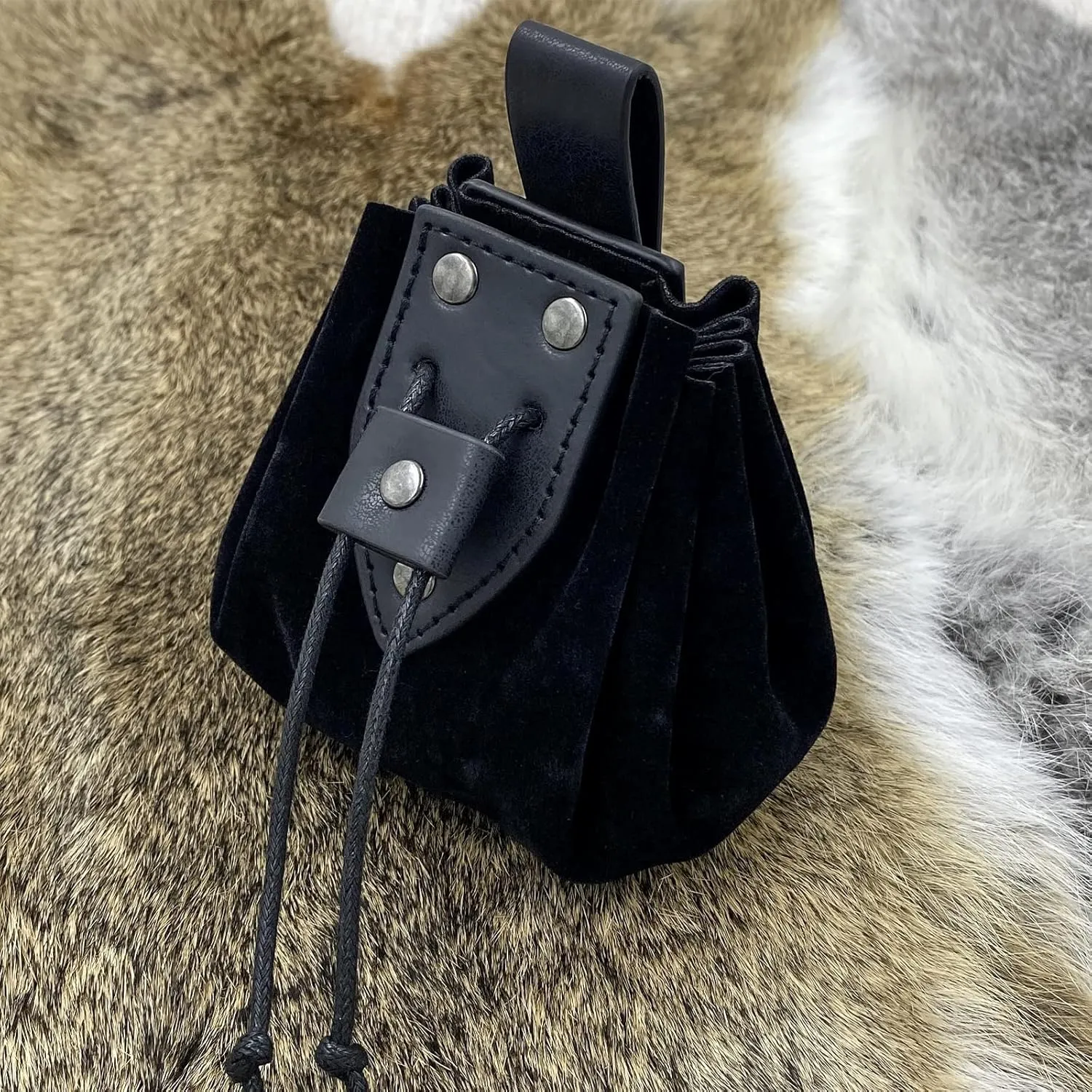 JAOYU Medieval Leather Drawstring Belt Pouch - Renaissance Faux Leather Vintage Dice Bag - Black for Men & Women
