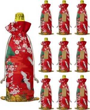 Japanese Style Wine Bags, 10 Pcs Wine Bottle Cover with Drawstring Tags and Jute Twine, Wine Bottle Bags for Wedding Birthday Holiday Party Home Storage, Crane Pine Cherry Blossom Red