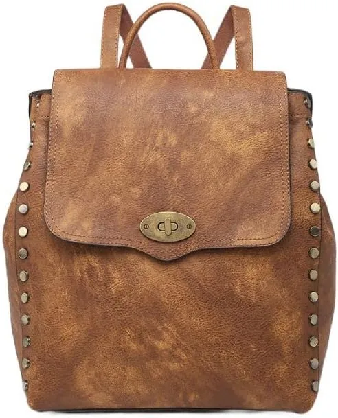 JEN & CO. Backpack Purse for Women Purse Backpack - Small Mini Bex Convertible Distressed Backpack with Turn Lock Closure, Brown (M1841DS-BR)