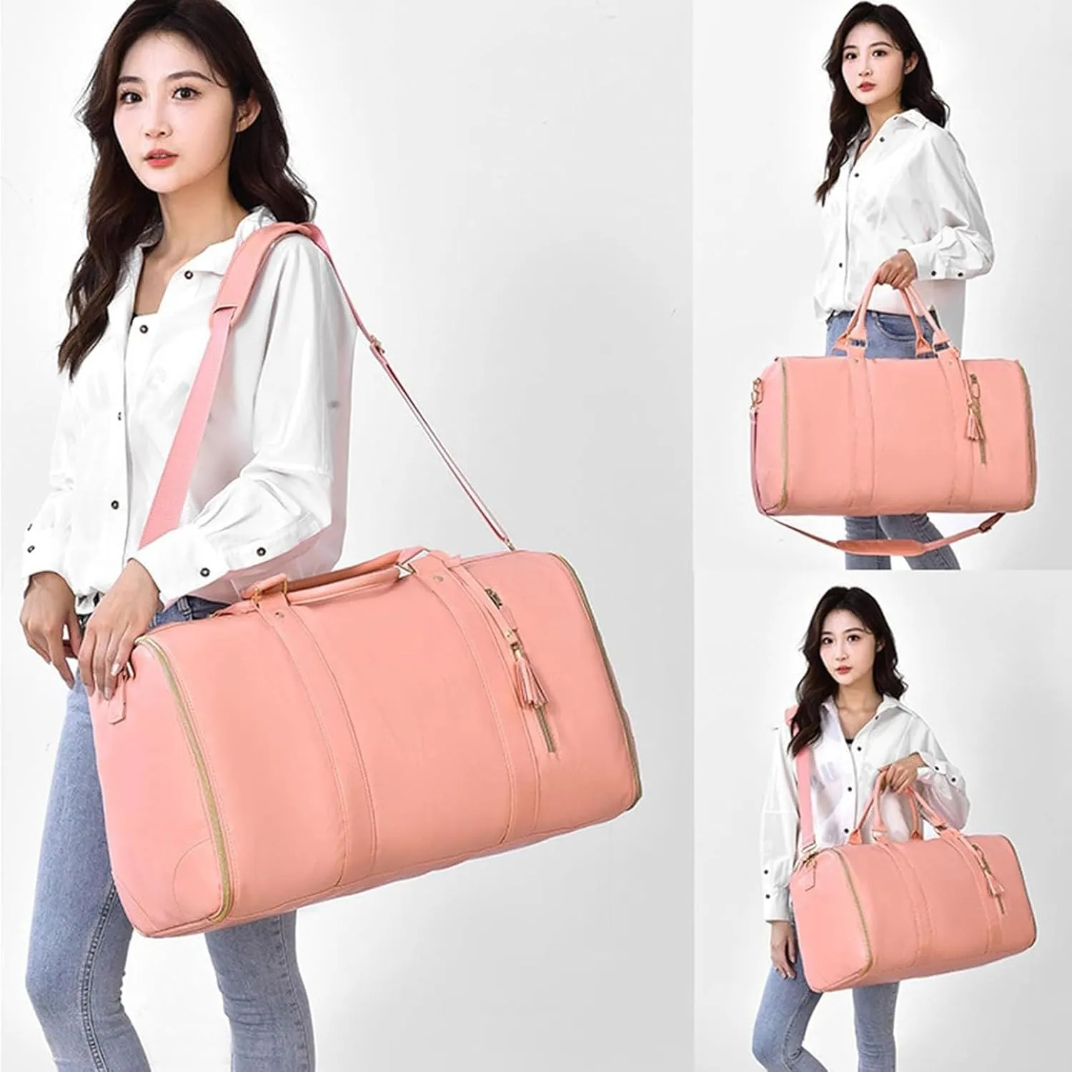 Jenni Bag, PU Leather 2 in 1 Hanging Suitcase Travel Bags, Jenni Bag Travel Bag with Wheels, Convertible Garment Duffel Bag, High Capacity with Shoe Compartment (Pink-With pull rod)