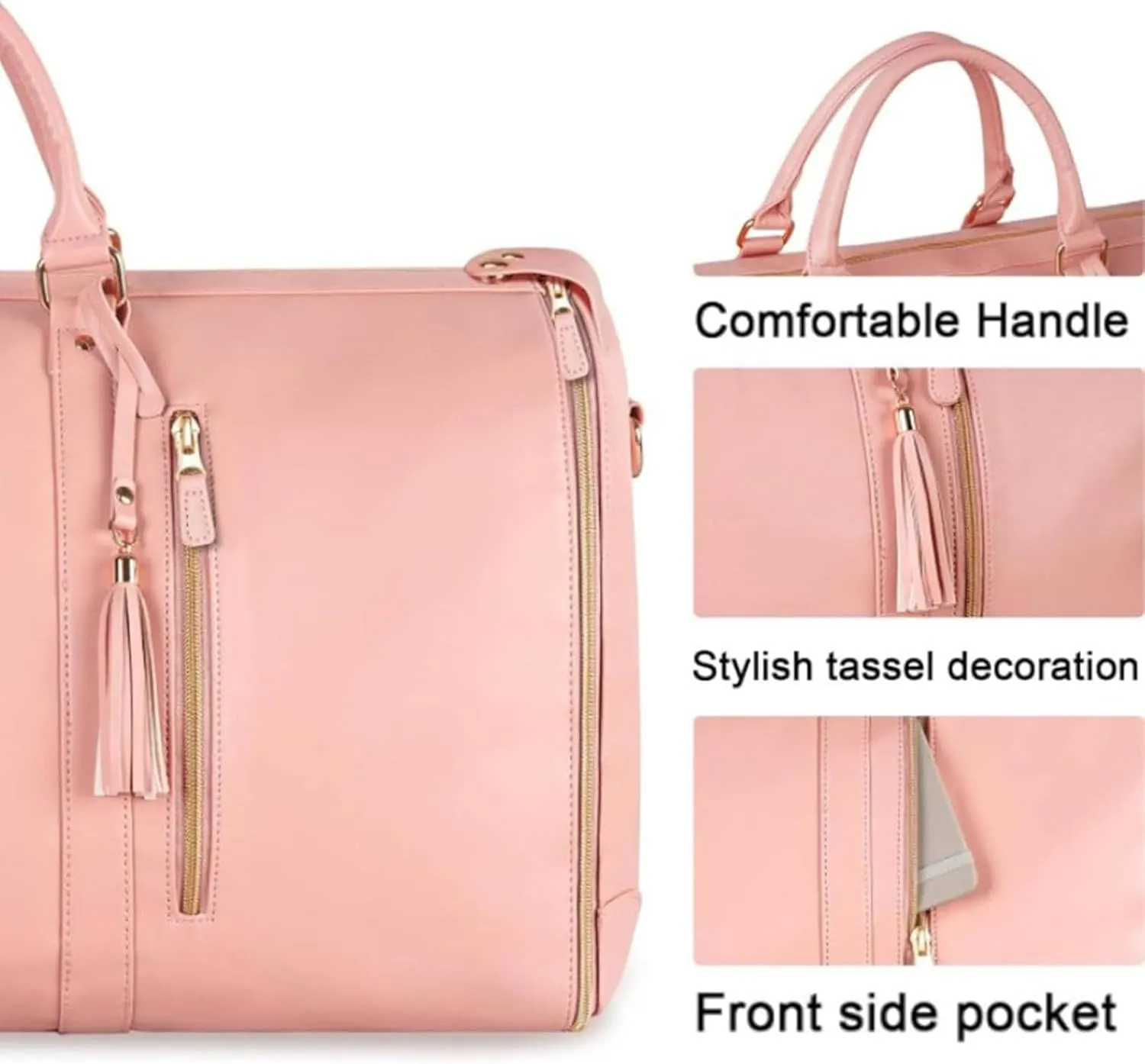 Jenni Bag, PU Leather 2 in 1 Hanging Suitcase Travel Bags, Jenni Bag Travel Bag with Wheels, Convertible Garment Duffel Bag, High Capacity with Shoe Compartment (Pink-With pull rod)