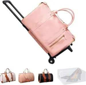 Jenni Bag, PU Leather 2 in 1 Hanging Suitcase Travel Bags, Jenni Bag Travel Bag with Wheels, Convertible Garment Duffel Bag, High Capacity with Shoe Compartment (Pink-With pull rod)