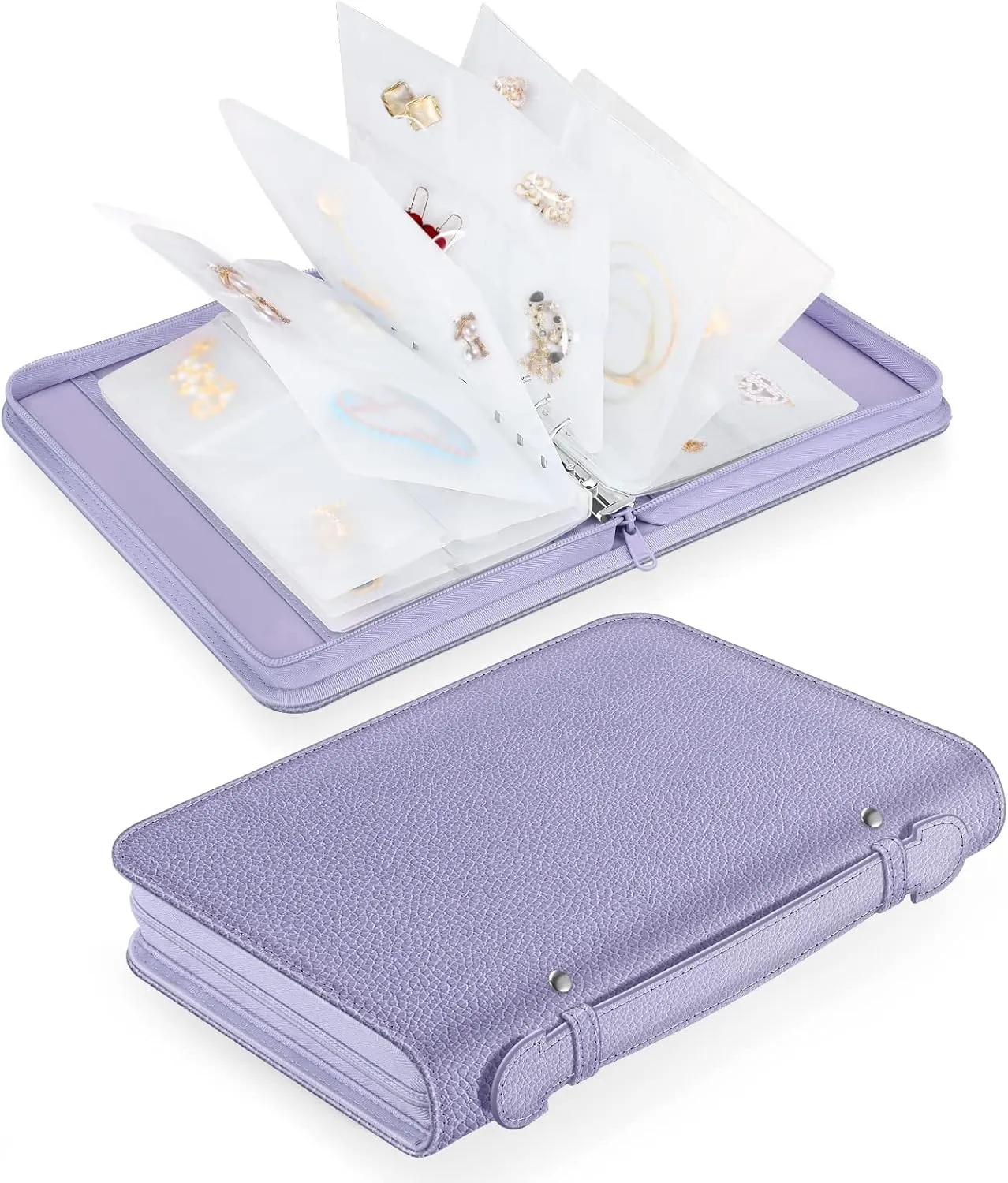 Jewelry Travel Organizer Case, PU Leather Portable Jewelry Storage Book with Transparent Pockets Zipper Bag for Necklaces, Earrings, Bracelets(48 Grids 48 Thicken PVC Bags), Lilac Purple